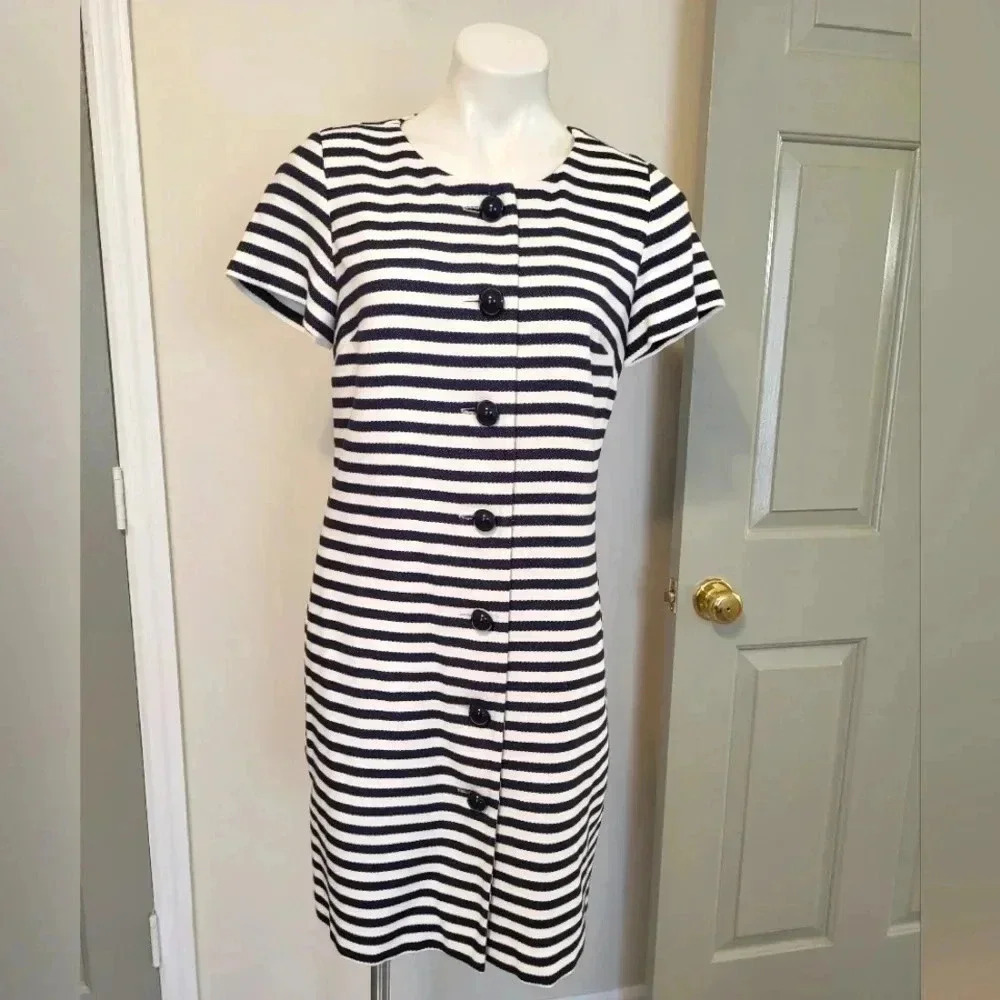 STS Sail to Sable Striped Nautical Preppy Chic Button Down Shift Dress(8)